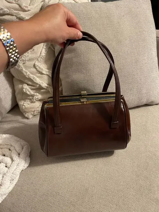 Vintage 1950s Ackery Brown Leather Triple Compartment Frame Handbag - Picture 4 of 9